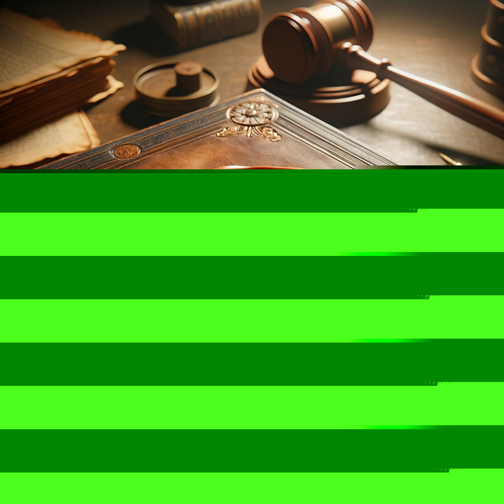 A large, ornate leather-bound law book with a bronze seal featuring the scales of justice on its cover, placed on a wooden desk beside a judge’s gavel, old papers, and a fountain pen.